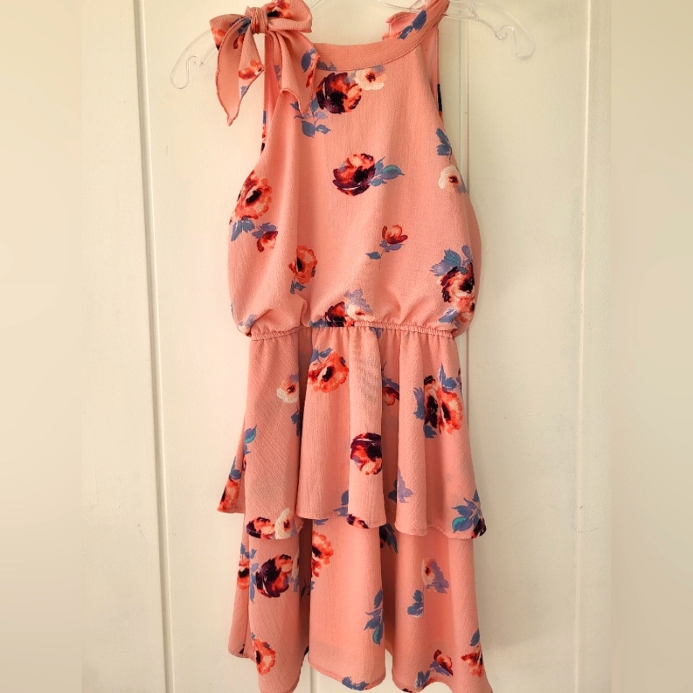 "Flirty Pink Floral Delight: Sleeveless Ruffled Dress with Bow Detail